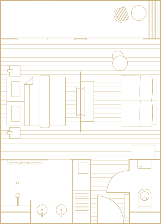 Der Grundriss zeigt ein Schlafzimmer, einen Wohnbereich, ein Badezimmer und einen Balkon mit einfachen, beigen Umrissen.