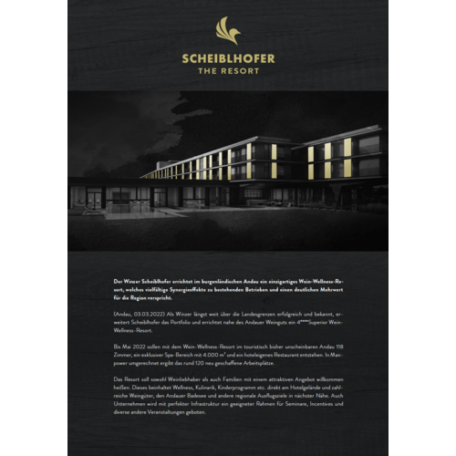 Elegant resort building at night with illuminated windows, including the logo of Scheiblhofer The Resort and German text.