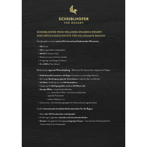 Black and gold information poster for the Scheiblhofer Resort, highlighting the special features, jobs and regional importance of the resort.