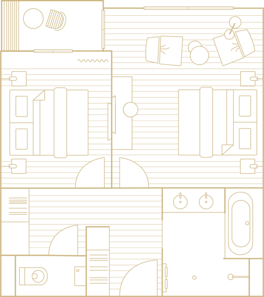 Grundriss eines Hauses von oben nach unten mit Schlafzimmern, Bad, Küche und Wohnbereich in einfacher Strichgrafik.