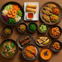 Various Asian dishes, including prawns, dumplings, noodles, rice and vegetables, arranged on a wooden table.