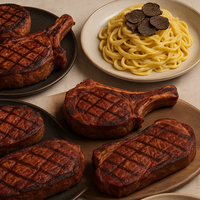 Gegrillte Schweinekoteletts mit Grillspuren auf Tellern neben einem Teller mit cremiger Pasta.