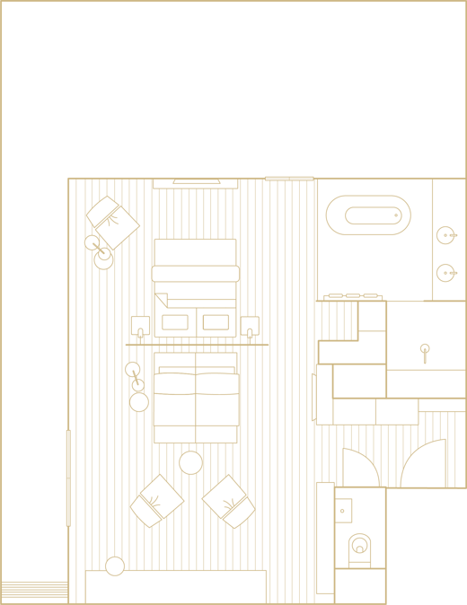 Line drawing of the floor plan of a hairdressing salon with chairs, a workstation and a toilet area.
