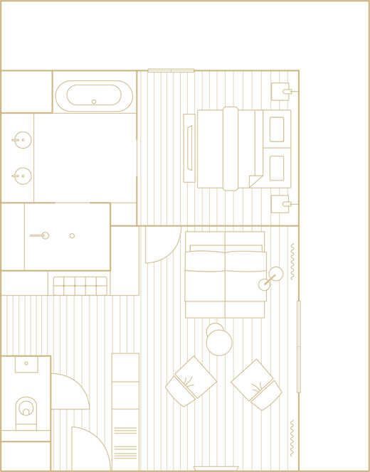 Grundrissdarstellung mit Badezimmer, Essbereich, Wohnzimmer und Eingangsbereich mit Möbeln.