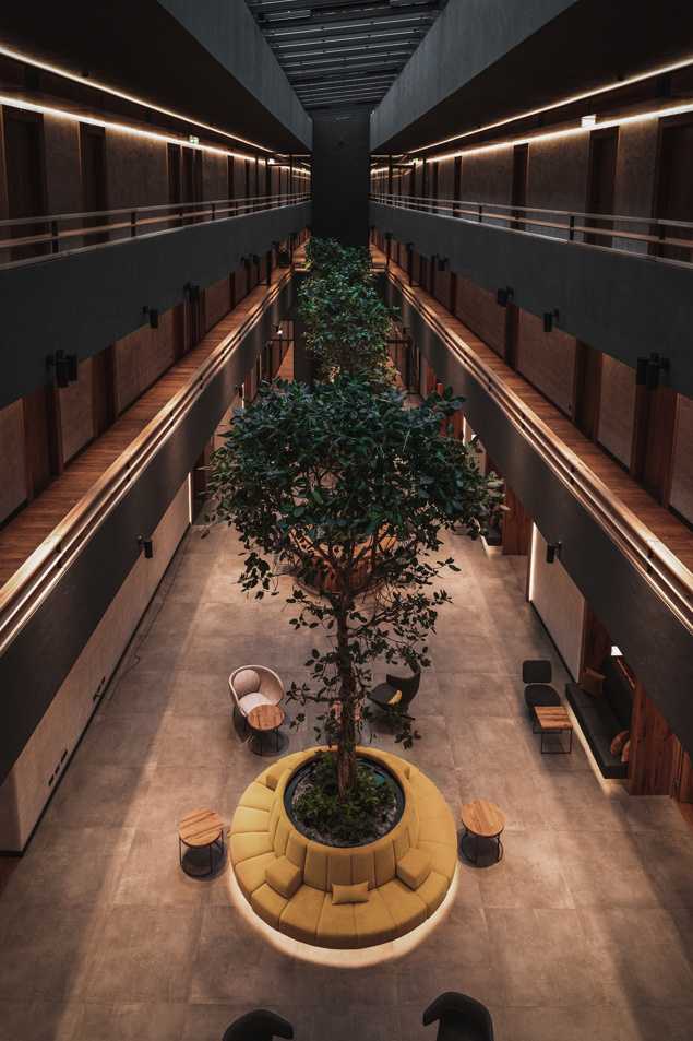 Modern hotel atrium with a tree in a circular seating area, surrounded by rooms and warm lighting.
