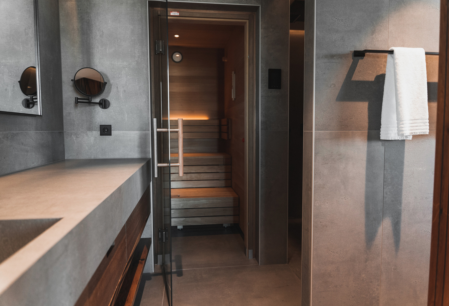 Modern bathroom with a wall-mounted towel rail and a glass door leading to a wooden sauna.