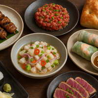 Eine Auswahl an asiatischen Gerichten, darunter Sushi, Frühlingsrollen, Spieße, Ceviche und gebratener Thunfisch auf Tellern.