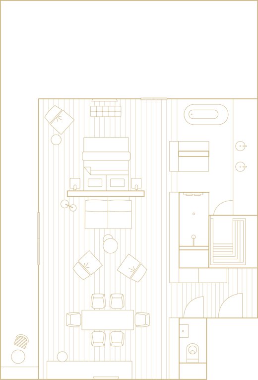 Floor plan with living, dining and kitchen area, two bathrooms and furnishings.
