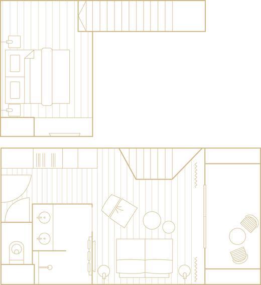 Floor plan with bedroom, bathroom, living area, kitchen and terrace with two chairs and a small table.