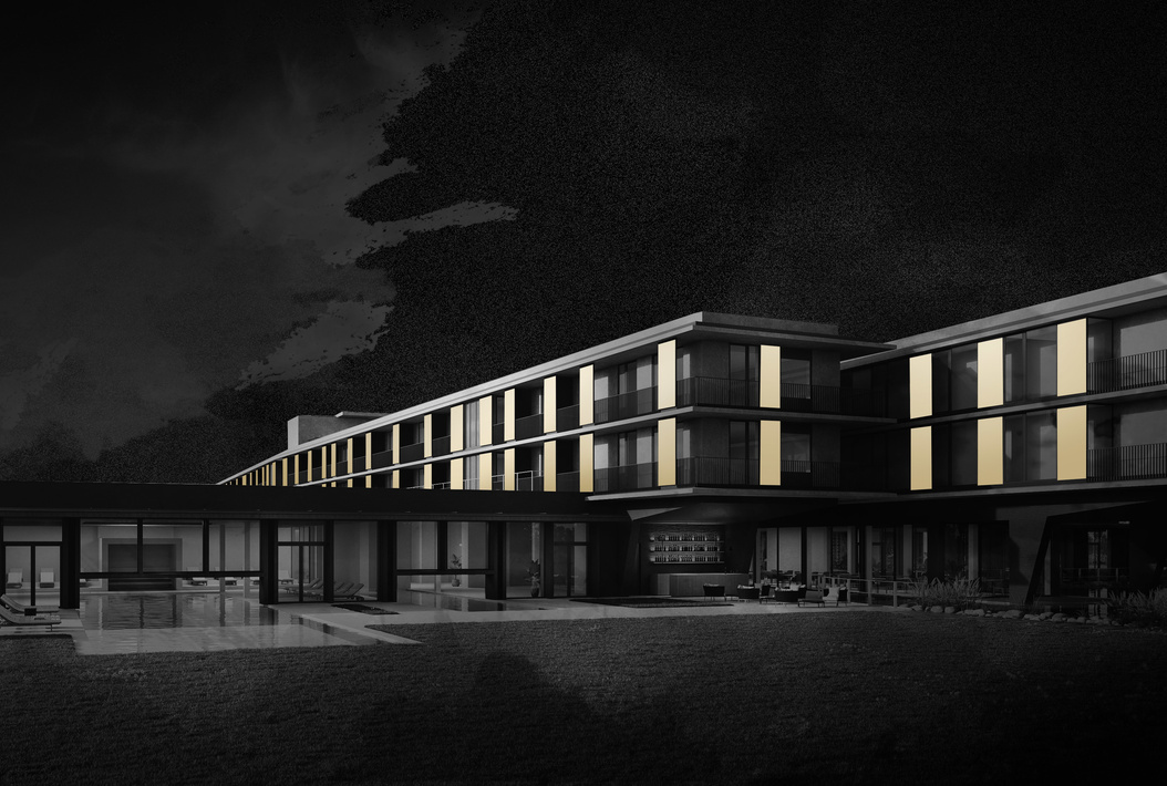 Ein modernes, mehrstöckiges Gebäude mit beleuchteten vertikalen Fenstern steht vor einem dunklen, dramatischen Himmel. Das Gebäude besteht aus Glas und Beton, und im Vordergrund ist ein Poolbereich mit Sitzgelegenheiten zu sehen.