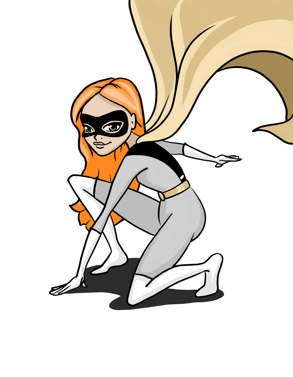 Cartoon-Superheldin mit orangefarbenen Haaren, beigem Umhang und grauem Anzug, die in einer vorbereiteten Pose hockt.