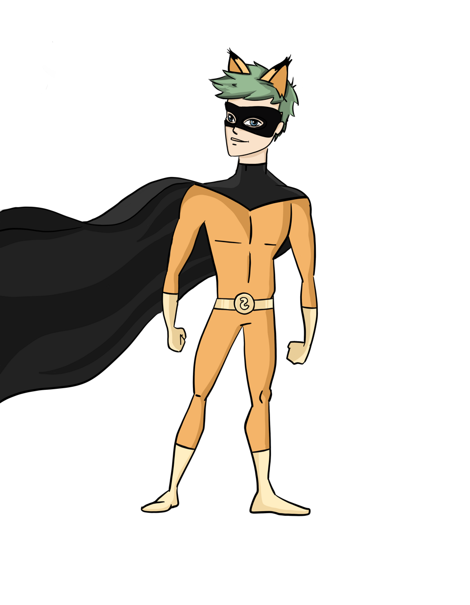 Cartoon-Superheld in einem orangefarbenen Fuchskostüm mit schwarzem Umhang und Maske, selbstbewusst stehend.