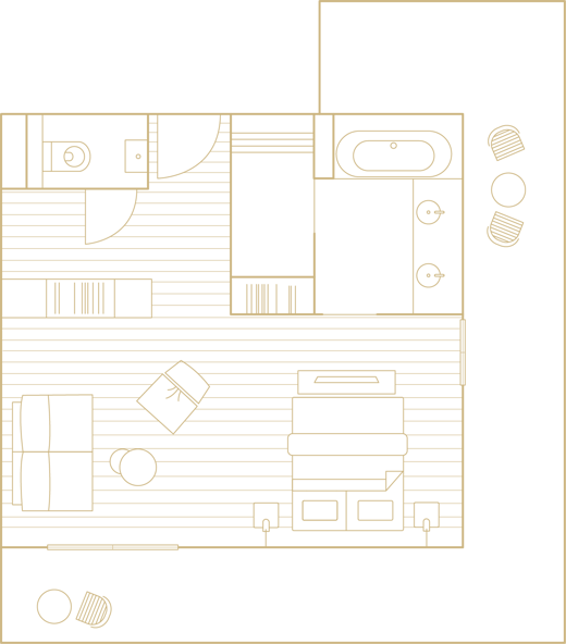 Floor plan with bedroom, bathroom, living area, dining table and outdoor terrace with chairs.