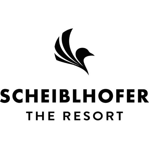 Black logo with a stylized bird above the text Scheiblhofer The Resort on a white background.